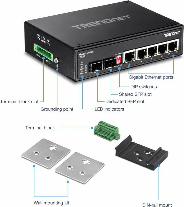 Alt view image 17 of 19 - TRENDnet 7-Port Industrial Gigabit DIN-Rail Switch, TI-G62, 5 x Gigabit Ports, 2 x Gigabit SFP Ports, IP50 Weather Rated, 14Gbps, NDAA TAA Compliant, Lifetime Protection