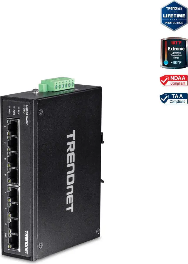 Main image of TRENDnet 8-Port Hardened Industrial Gigabit DIN-Rail Switch, 16 Gbps Switching Capacity, IP50 Rated Metal Housing (-40 to 167 ºF), DIN-Rail & Wall Mounts Included, Lifetime Protection, Black, TI-G80