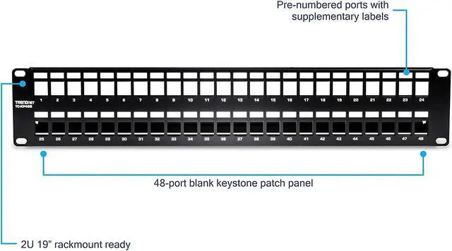 Alt view image 2 of 20 - TRENDnet 48-Port Blank Keystone Shielded 2U HD Patch Panel, TC-KP48S, 2U 19" Metal Rackmount Housing, Network Management Panel, Recommended with TC-K06C6A Cat6A Keystone Jacks (sold separately)