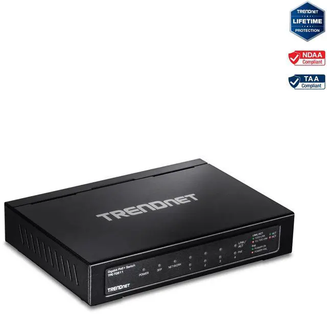 Main image of TRENDnet 6-port Gigabit Poe+ Switch, TPE-TG611, 4 X Gigabit Poe+ Ports, 1 X Gigabit Port, 1 X SFP Slot, Supports 100/1000Base-FX Fiber SFP Modules, Ethernet Desktop Network Switch