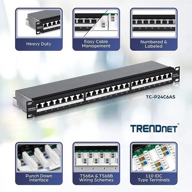 Alt view image 3 of 14 - TRENDnet TC-P24C6AS 24-port Cat6A Shielded 1U Patch Panel, 1000BASE-T / 10GBASE-T Support, compatible with cat5e, cat6, cat6a, 110 or Krone type