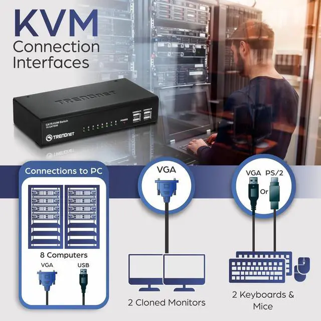 Alt view image 6 of 8 - TRENDnet 8-Port CAT5 KVM Switch, CAT5 Cables up to 30m, USB, PS/2, Hot-Keys, VGA, Dual Console, TK-CAT508