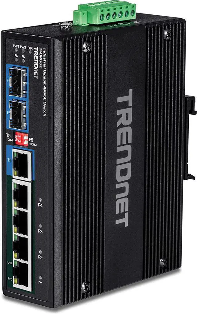 Main image of TRENDnet 6-Port Hardened Industrial Gigabit 10/100/1000 Mbps Ultra PoE DIN-Rail Switch, UPoE, IP30, DIN-Rail & Wall Mounts Included, Lifetime Protection, TI-UPG62