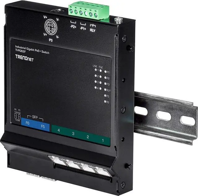 Alt view image 6 of 10 - TRENDnet 6-Port Industrial Gigabit PoE+ Wall-Mounted Front Access Switch, TI-PG62F, 4 x Gigabit PoE+ Ports, 2 x Gigabit SFP Slots, DIN-Rail, Wall Mount Brackets Included, IP30, 120W PoE Budget