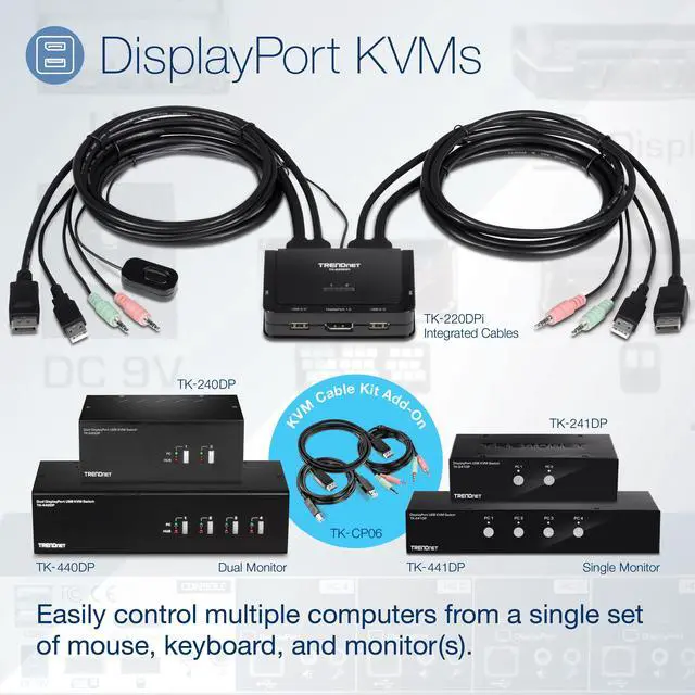 Alt view image 7 of 15 - TRENDnet 4-Port Dual Monitor DisplayPort KVM Switch With Audio, 2-Port USB 2.0 Hub, 4K UHD Resolution Up To 3840 x 2160, Connect 4 DisplayPort Monitors, Dual Monitor 4 Port KVM Switch, Black, TK-440DP