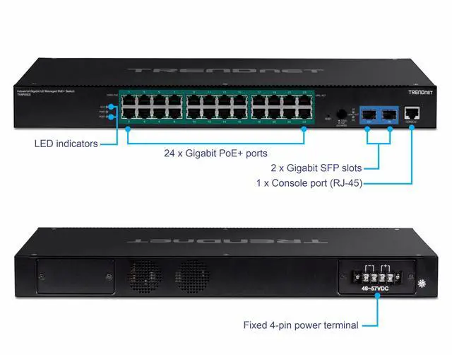 Alt view image 3 of 6 - TRENDnet 26-Port Industrial Gigabit L2 Managed PoE+ Switch, TI-RP262i, 1U 19" Rackmount, 24 x Gigabit PoE+ Ports, 2 x SFP Slots (100/1000Base-FX), IP30, VLAN, QoS, 685W PoE Power Budget, Fanless
