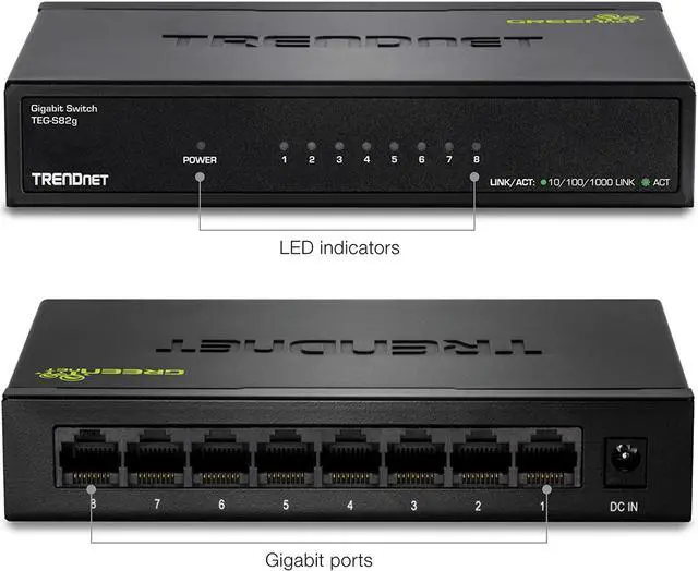 Alt view image 4 of 7 - TRENDnet 8-Port Gigabit GREENnet Switch, Ethernet Network Switch, 8 x 10-100-1000 Mbps Gigabit Ethernet Ports, 16 Gbps Switching Capacity, Metal, Lifetime Protection, Black, TEG-S82G