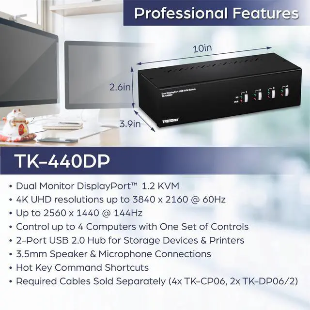 Alt view image 2 of 15 - TRENDnet 4-Port Dual Monitor DisplayPort KVM Switch With Audio, 2-Port USB 2.0 Hub, 4K UHD Resolution Up To 3840 x 2160, Connect 4 DisplayPort Monitors, Dual Monitor 4 Port KVM Switch, Black, TK-440DP