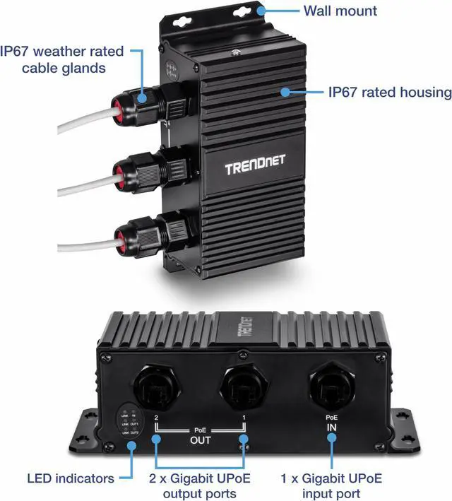 Alt view image 4 of 7 - TRENDnet TI-EU120 2-Port Industrial Outdoor Gigabit UPoE Extender