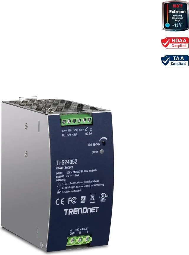 Main image of TRENDnet TI-S24052, 240W, 52V DC, 4.61A AC to DC DIN-Rail Power Supply
with PFC Function