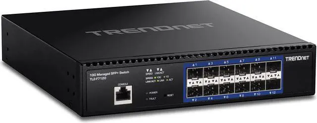 Main image of TRENDnet 12-Port 10G Layer 2 Managed SFP+ Switch, TL2-F7120, 12 x 10G SFP+ Ports, 240Gbps Switching Capacity, Supports 10GBASE-X / 1000BASE-FX SFP Fiber Modules, Lifetime Protection, Black