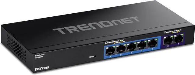 Main image of TRENDnet 7-Port Multi-Gig Gaming Switch, TEG-S327, 5 x 1G RJ-45 Base-T Ports, 2 x 2.5G RJ-45 Ports, 20Gbps Switching Capacity, Wall Mountable, Plug & Play, Lifetime Protection, Black