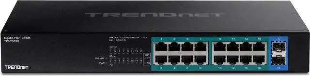 Alt view image 3 of 5 - TRENDnet 18-Port Gigabit PoE+ Switch, 16 x 30W PoE+  Ports, 2 Gigabit SFP Slots, 240W PoE Budget, 36Gbps  Switching Capacity, 1U 19 Rack Mountable, Lifetime  Protection, Black, TPE-TG182
