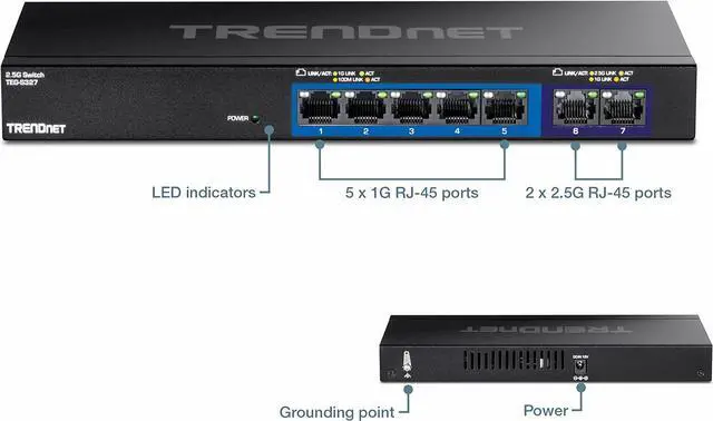 Alt view image 7 of 7 - TRENDnet 7-Port Multi-Gig Gaming Switch, TEG-S327, 5 x 1G RJ-45 Base-T Ports, 2 x 2.5G RJ-45 Ports, 20Gbps Switching Capacity, Wall Mountable, Plug & Play, Lifetime Protection, Black