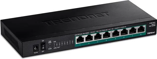 Main image of TRENDnet 8-Port Unmanaged 2.5G PoE+ Switch, TPE-TG380, Fanless, Compact Desktop Design, Metal Housing, 2.5GBASE-T Ports, IEEE 802.3bz, 100W PoE Budget, Ethernet Splitter, NDAA & TAA Compliant, Black