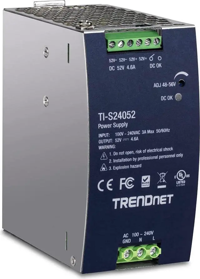 Main image of TRENDnet 240W, 52V DC, 4.61A AC to DC DIN-Rail Power Supply, TI-S24052, Industrial Power Supply with Built-in Power Factor Controller Function, Silver