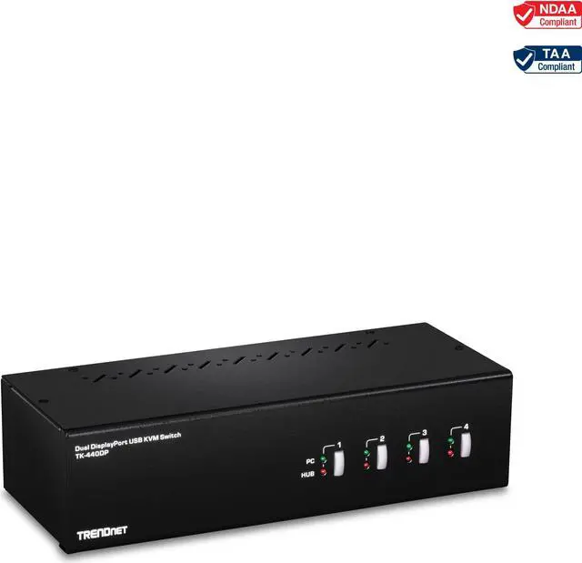 Main image of TRENDnet 4-Port Dual Monitor DisplayPort KVM Switch With Audio, 2-Port USB 2.0 Hub, 4K UHD Resolution Up To 3840 x 2160, Connect 4 DisplayPort Monitors, Dual Monitor 4 Port KVM Switch, Black, TK-440DP