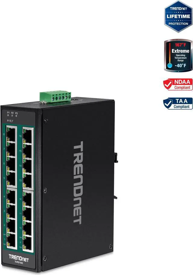 Main image of TRENDnet  TI-PG160, 16-Port Hardened Industrial Gigabit PoE+ DIN-Rail Network Switch