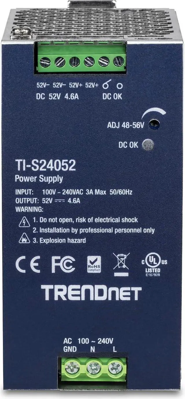 Alt view image 2 of 19 - TRENDnet TI-S24052, 240W, 52V DC, 4.61A AC to DC DIN-Rail Power Supply
with PFC Function