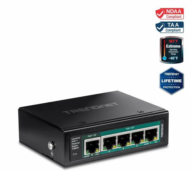 Main image of TRENDnet TI-B541 5-Port Industrial Gigabit PoE++ Powered DIN-Rail Switch with PoE Pass-Through