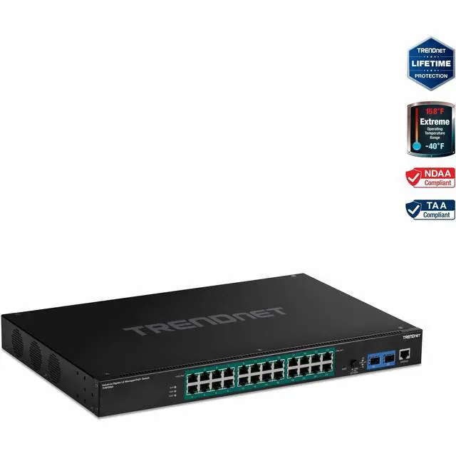 Main image of TRENDnet 26-Port Industrial Gigabit L2 Managed PoE+ Switch, TI-RP262i, 1U 19" Rackmount, 24 x Gigabit PoE+ Ports, 2 x SFP Slots (100/1000Base-FX), IP30, VLAN, QoS, 685W PoE Power Budget, Fanless