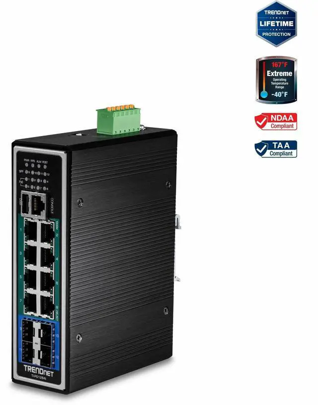 Main image of TRENDnet 12-Port Hardened Industrial Gigabit PoE+ Layer 2+ Managed DIN-Rail Switch, TI-PG1284i, 240W Power Budget, IP30 Rated, Ethernet Splitter, NDAA & TAA Compliant, Lifetime Protection, Black