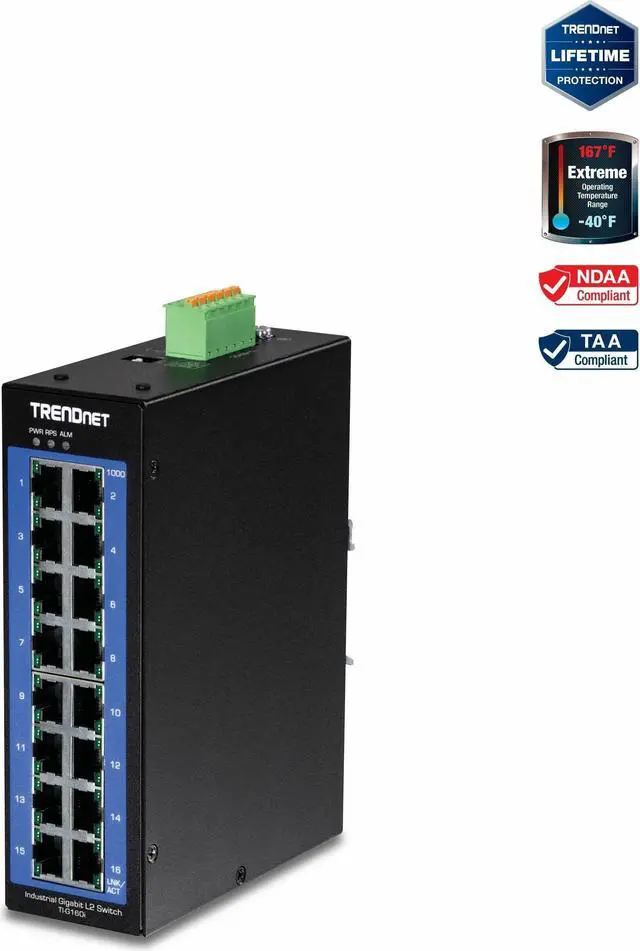 Main image of TRENDnet 16-Port Industrial Gigabit L2 Managed DIN-Rail Switch, Layer 2 Switch, 16 x Gigabit Ports, 32Gbps Switching Capacity, Extreme Temperature Gigabit Switch, Black, TI-G160i