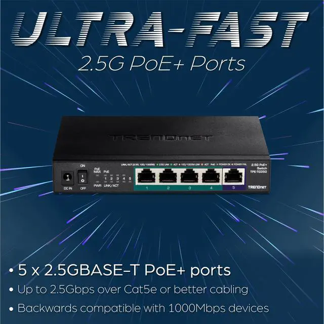 Alt view image 3 of 14 - TRENDnet 5-Port Unmanaged 2.5G PoE+ Switch, Fanless, Compact Desktop Design, Metal Housing, 2.5GBASE-T Ports, IEEE 802.3bz, 55W PoE Budget, Black,Lifetime Protection, TPE-TG350