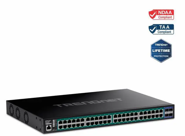 Main image of TRENDnet 52-Port Gigabit Web Smart PoE+ Switch with 10G SFP+ Ports, TPE-3524S, 48 x Gigabit PoE+ Ports, 4 x 10G SFP+ Ports, 410W PoE Power Budget, Lifetime Protection, Black