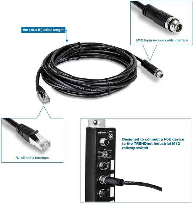 Alt view image 2 of 5 - TRENDnet M12 to RJ-45 Industrial Ethernet Cable, 5m (16.4 ft.), TI-CD05