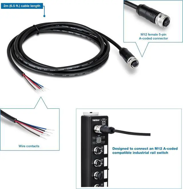 Alt view image 2 of 5 - TRENDnet Industrial M12 Female 5-Pin Connector Electrical Cable, TI-CP02, 2m (6.5 ft.), Connect an M12 A-Coded Industrial  Rail Switch, IP67 Rated Protection, Black