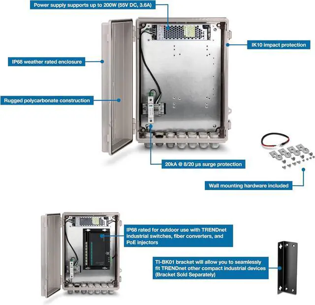 Alt view image 2 of 7 - TRENDnet Outdoor IP68 Weatherproof Power Supply Box Enclosure, TI-CA3K, Power Supply and Surge Protector Included, IK10 Impact Protection, Power Supply Supports up to 200W (55V DC, 3.6A), White