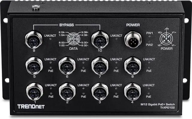 Alt view image 3 of 6 - TRENDnet 10-Port Industrial EN 50155 M12 Gigabit PoE+ Railway Switch, TI-XPG102, IP40 Rated for Harsh Environments, NDAA + TAA Compliant, Black