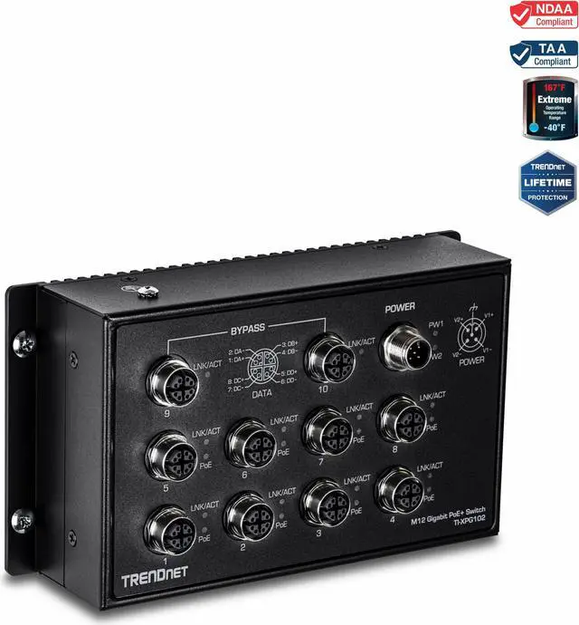 Main image of TRENDnet 10-Port Industrial EN 50155 M12 Gigabit PoE+ Railway Switch, TI-XPG102, IP40 Rated for Harsh Environments, NDAA + TAA Compliant, Black