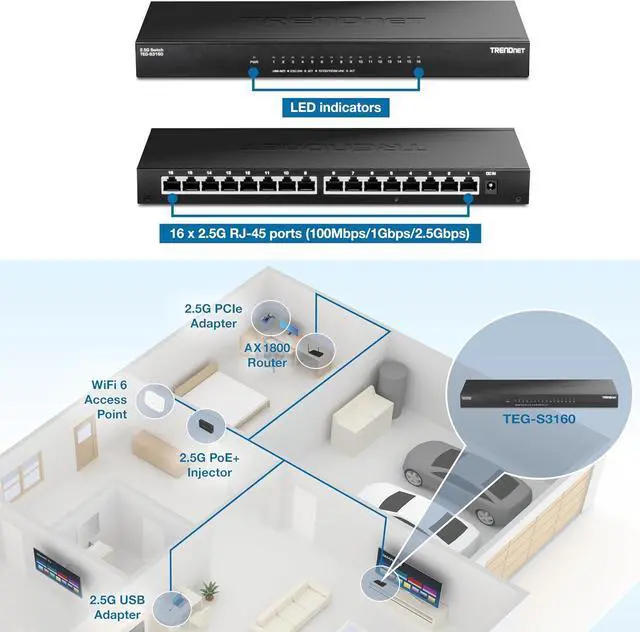 Alt view image 2 of 17 - TRENDnet TEG-S3160, 16-Port Unmanaged 2.5G Desktop Network Ethernet Switch