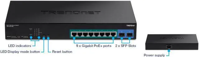 Alt view image 6 of 6 - TRENDnet 10-Port Gigabit Web Smart PoE+ Switch with 8 Gigabit PoE+ Ports, 2 SFP Slots, 130W PoE Budget, VLAN, QoS, LACP, IPv4/IPv6 Static Routing,Lifetime Protection, Black, TPE-1021WS