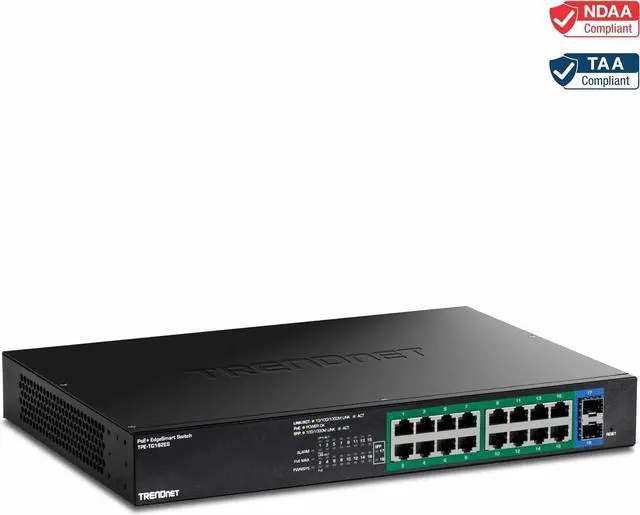 Main image of TRENDnet 18-Port Gigabit EdgeSmart PoE+ Switch, TPE TG182ES, 240W PoE Power Budget, 16 x Gigabit PoE+ Ports, 2 x Gigabit SFP Ports, Managed Network Ethernet Switch, Lifetime Protection, Black