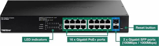 Alt view image 3 of 13 - TRENDnet 18-Port Gigabit EdgeSmart PoE+ Switch, TPE TG182ES, 240W PoE Power Budget, 16 x Gigabit PoE+ Ports, 2 x Gigabit SFP Ports, Managed Network Ethernet Switch, Lifetime Protection, Black
