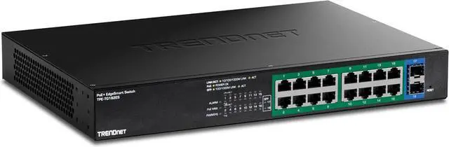 Alt view image 6 of 13 - TRENDnet 18-Port Gigabit EdgeSmart PoE+ Switch, TPE TG182ES, 240W PoE Power Budget, 16 x Gigabit PoE+ Ports, 2 x Gigabit SFP Ports, Managed Network Ethernet Switch, Lifetime Protection, Black