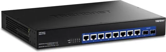 Main image of TRENDnet 10-Port 10G Unmanaged Switch, TEG-S7102, 8 x 10G RJ-45 Ports, 2 x 10G SFP+ Ports, 200Gbps Switching Capacity, Rackmount Design, Lifetime Protection, Black