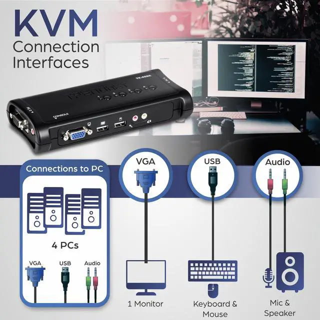Alt view image 2 of 8 - TRENDnet 4-Port USB KVM Switch With Audio, Control Up
 To 4 Computers, Windows, Linux, Mac OS Compliant, 2048 x
 1526 VGA Resolution, Plug and Play, USB Powered, KVM
 Cables Included, Black, TK-409K