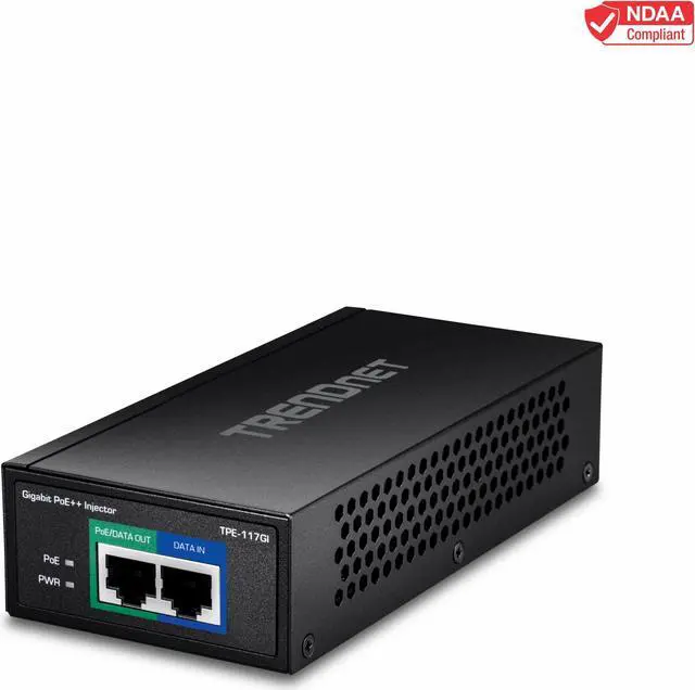 Main image of TRENDnet Gigabit PoE++ Injector, Supplies PoE (15.4W), PoE+ (30W), or PoE++ (60W), Network A PoE Device Up To 100m(328 ft), Plug & Play, Black, TPE-117GI