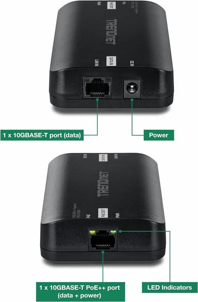 Alt view image 8 of 9 - TRENDnet 10G PoE++ Injector, TPE-318GI, Converts a NonPoE Port to A PoE++ 10G Port, Supplies PoE (15.4W), PoE+ (30W), or PoE++ (90W)