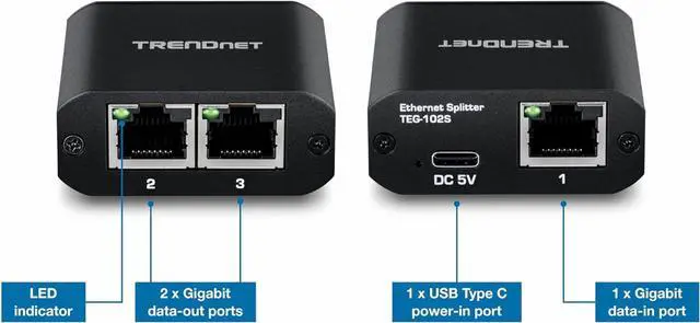 Alt view image 3 of 15 - TRENDnet 2-Port Gigabit Splitter with USB Type C Power, TEG-102S, Splits One Network Connection Into Two, Ethernet Splitter, USB Type C Power Cable Included, NDAA & TAA Compliant