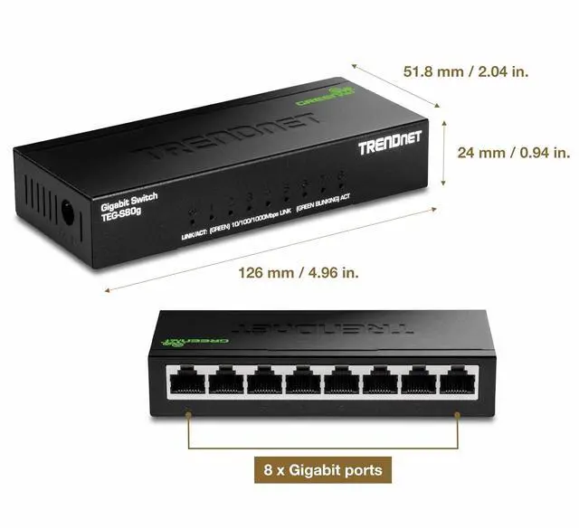 Alt view image 3 of 7 - TRENDnet 8-Port Unmanaged Gigabit Switch, TEG-S80G, Desktop Ethernet Metal Switch, Ethernet Splitter, Fanless,16Gbps Switching Capacity, Plug & Play, Lifetime Protection, Black