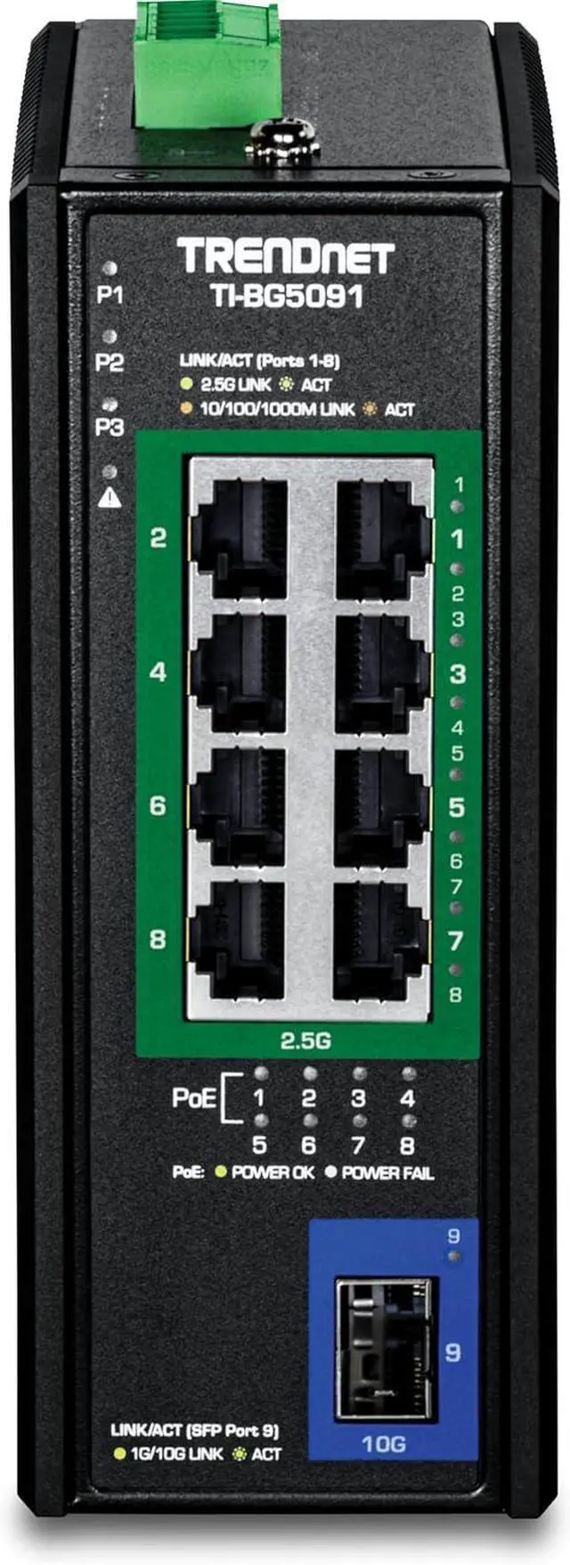 Alt view image 3 of 7 - TRENDnet 9-Port Industrial 2.5G DIN-Rail PoE++ Switch with 10G SFP+ Port, TI-BG5091, Multi-Gigabit, 8 x 2.G PoE++ Ports, 1 x 10G SFP+ Port, 480W PoE Power Budget, 60Gbps, Lifetime Protection, Black