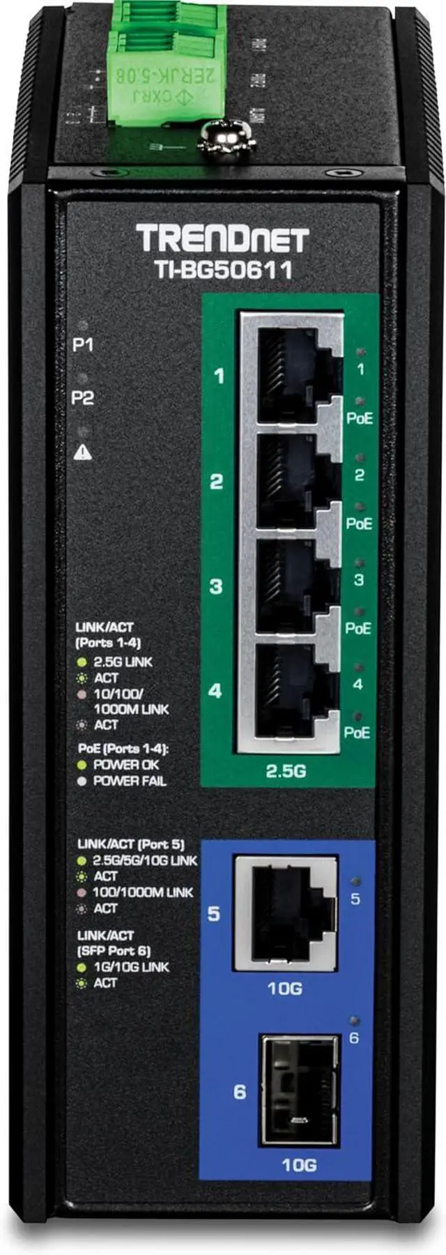 Alt view image 4 of 7 - TRENDnet 6-Port Industrial 2.5G PoE++ DIN-Rail Switch with 10G Ports,TI-BG50611,Multi-Gigabit,4 x 2.G PoE++ Ports, 1 x 10G RJ-45 Port,1 x 10G SFP+ Port,Lifetime Protection, Black
