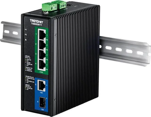 Alt view image 5 of 7 - TRENDnet 6-Port Industrial 2.5G PoE++ DIN-Rail Switch with 10G Ports,TI-BG50611,Multi-Gigabit,4 x 2.G PoE++ Ports, 1 x 10G RJ-45 Port,1 x 10G SFP+ Port,Lifetime Protection, Black