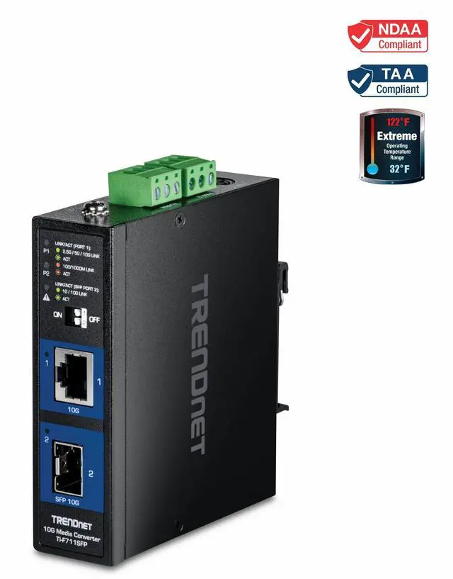 Main image of TRENDnet Industrial 10G SFP+ Media Converter, TI-F711SFP, 1 x 10G SFP+ Port, 1 x 10G Ethernet Port, Extreme Temperature IP50 Rated, NDAA TAA Compliant for Government use