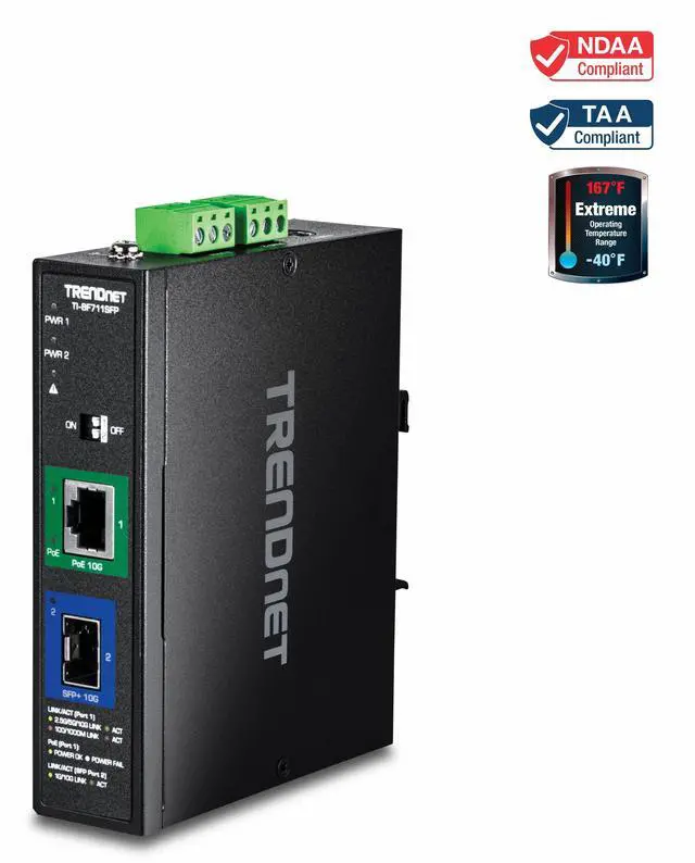 Main image of TRENDnet Industrial 10G SFP+ to 10G PoE++ Media Converter, TI-BF711SFP, 1 x 10G SFP+  Port, 1 x 10G PoE++ RJ-45 Port, IP50 Rated, NDAA TAA Compliant